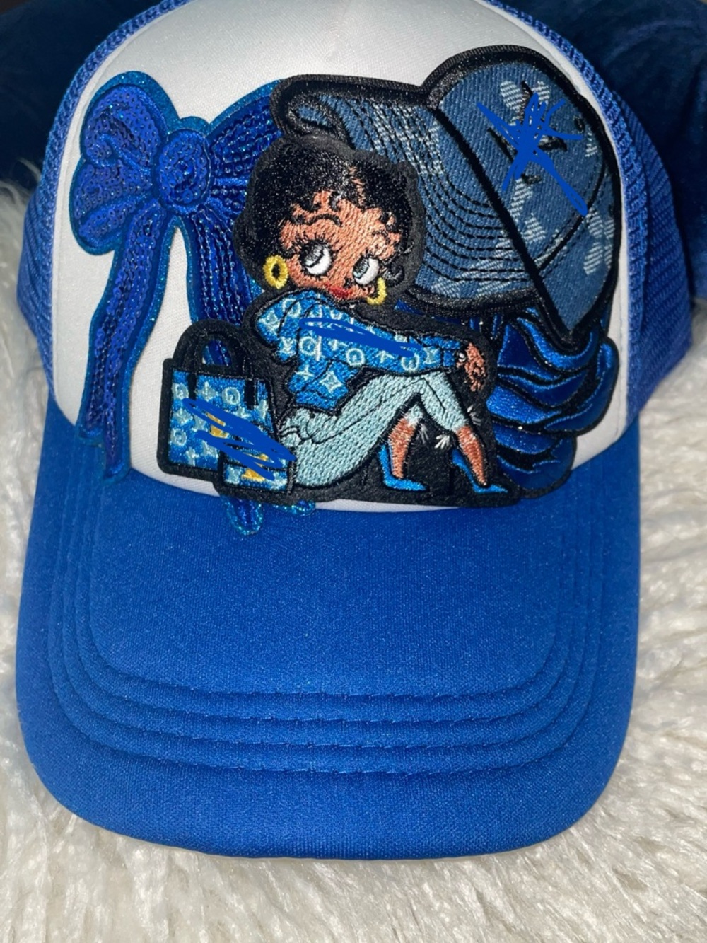 Blue Betty Boop Trucker Hat with Embroidered Character